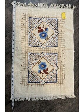 CANNON Hand Kitchen Towel Fringe 70s NOS Blue Rose Butterfly Flower Vtg